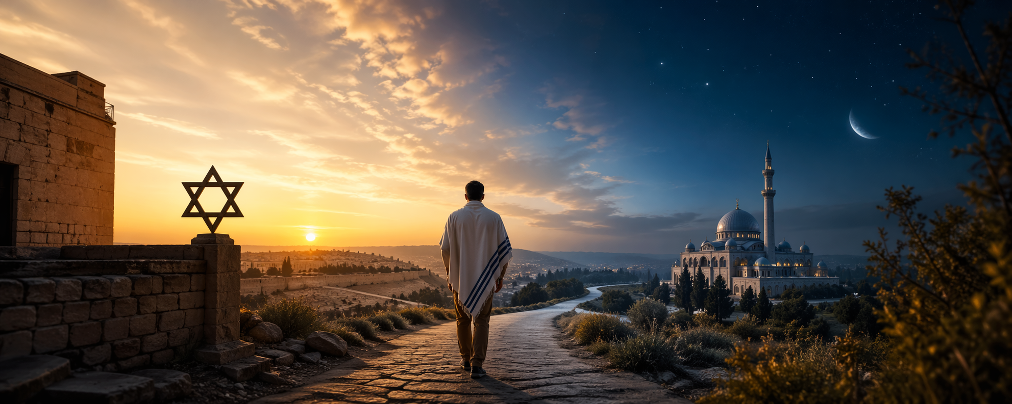 A man in prayer shawl walks from a Star of David toward a mosque at twilight
